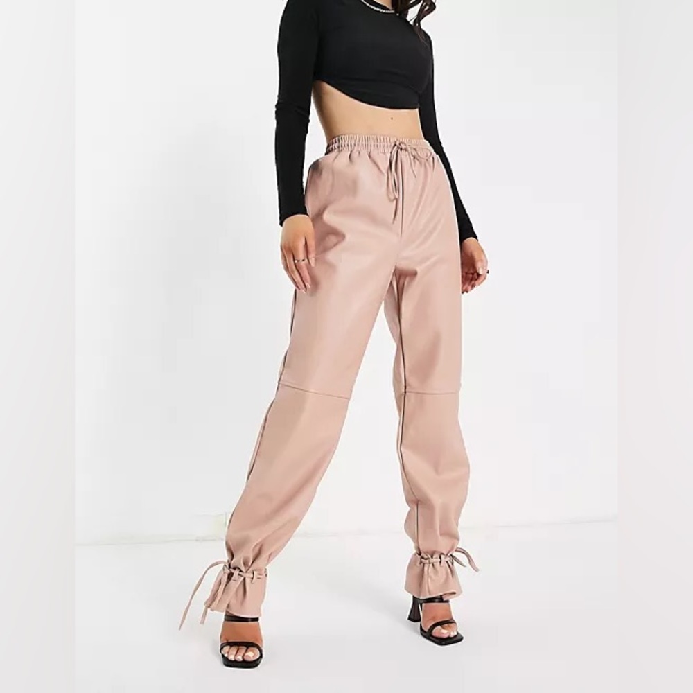 Missguided Blush Pink Tie Hem Faux Leather Joggers